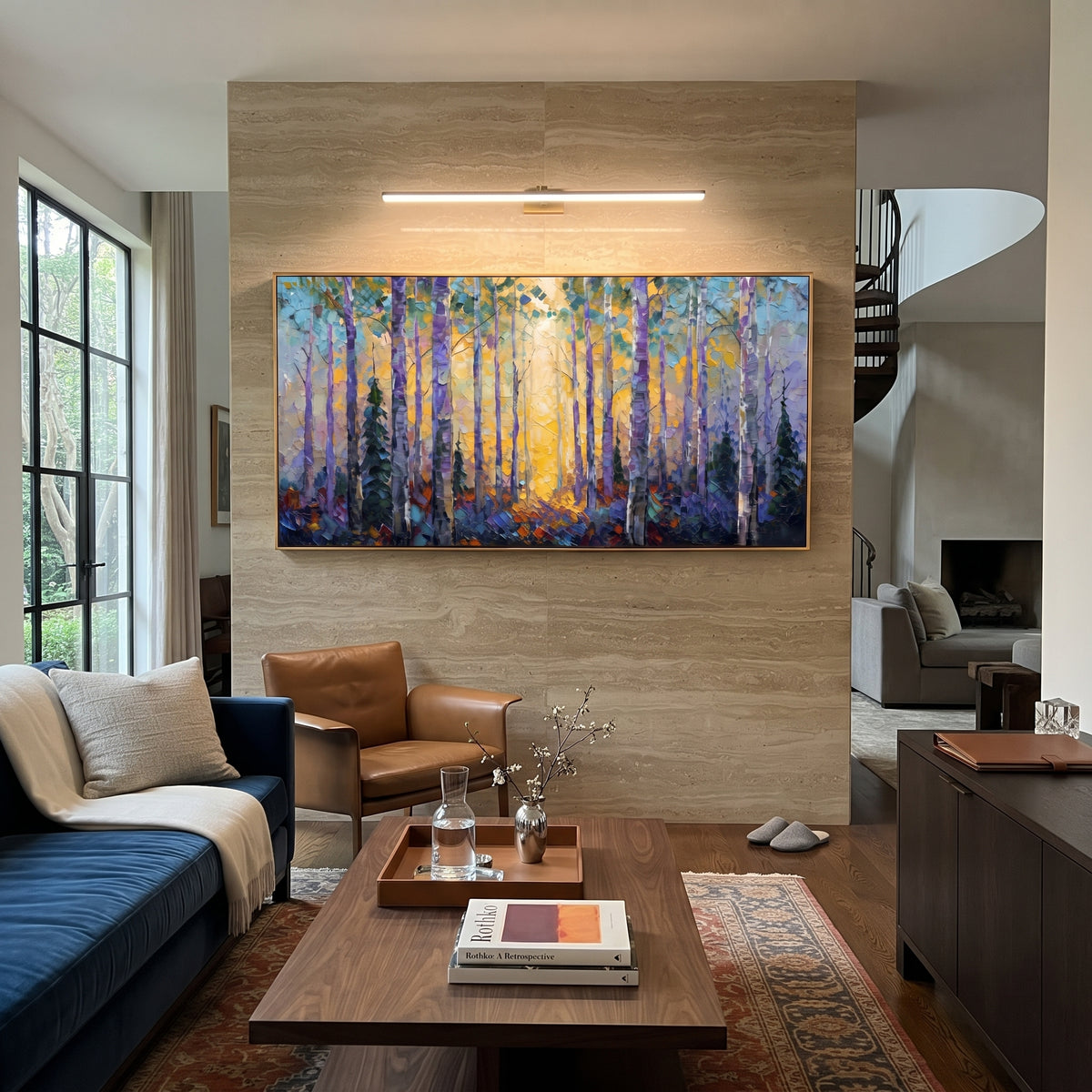 ARTWORK DETAILS Purple Twilight Birch Grove Painting is built from the actual artwork image: purple blue woodland with yellow trunks and a twilight glow. The composition uses raised texture to separate tree trunks, leaf masses, ground movement, and soft background atmosphere, so the surface reads with real hand-painted depth from different viewing angles. The color direction is blue, yellow, white, chosen to keep the autumn mood warm while still leaving enough pale air and cool contrast for