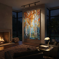 ARTWORK DETAILS Aqua Birch Leaffall Painting is built from the actual artwork image: aqua blue birch stand with copper leaf fall. The composition uses raised texture to separate tree trunks, leaf masses, ground movement, and soft background atmosphere, so the surface reads with real hand-painted depth from different viewing angles. The color direction is blue, orange, white, chosen to keep the autumn mood warm while still leaving enough pale air and cool contrast for modern interiors. Core