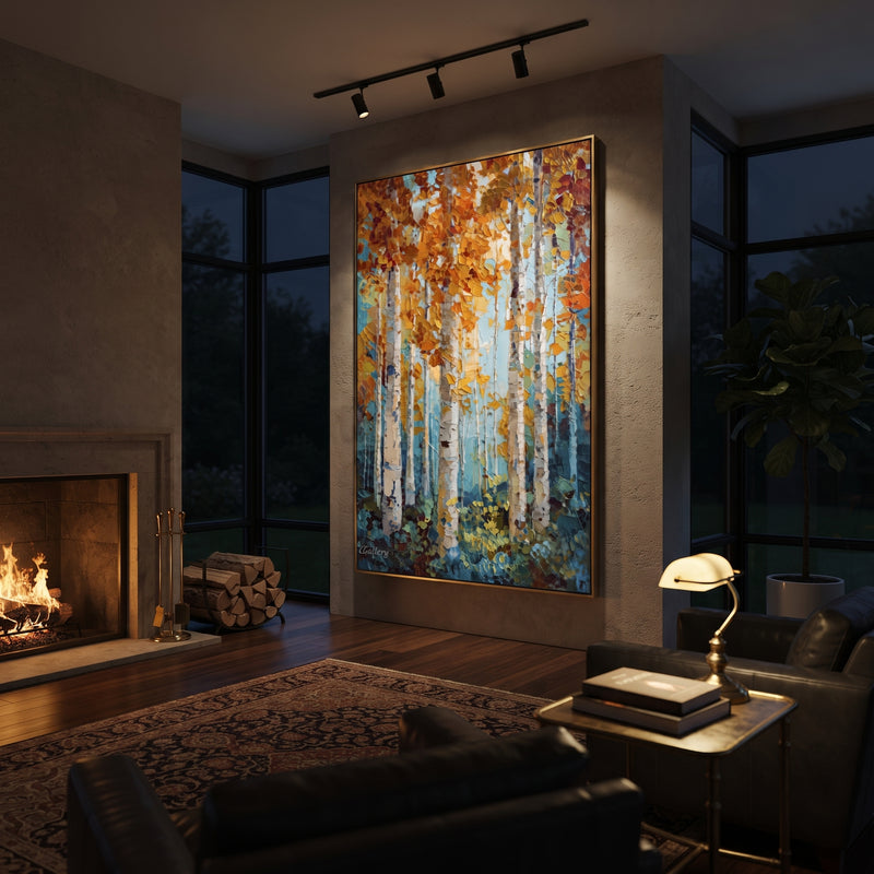 "Aqua Birch Leaffall" - Modern Heavy Impasto Botanical Tree Artwork | Blue & Orange Palette Knife Painting | Luxury Vertical Wall Art #PT 2224