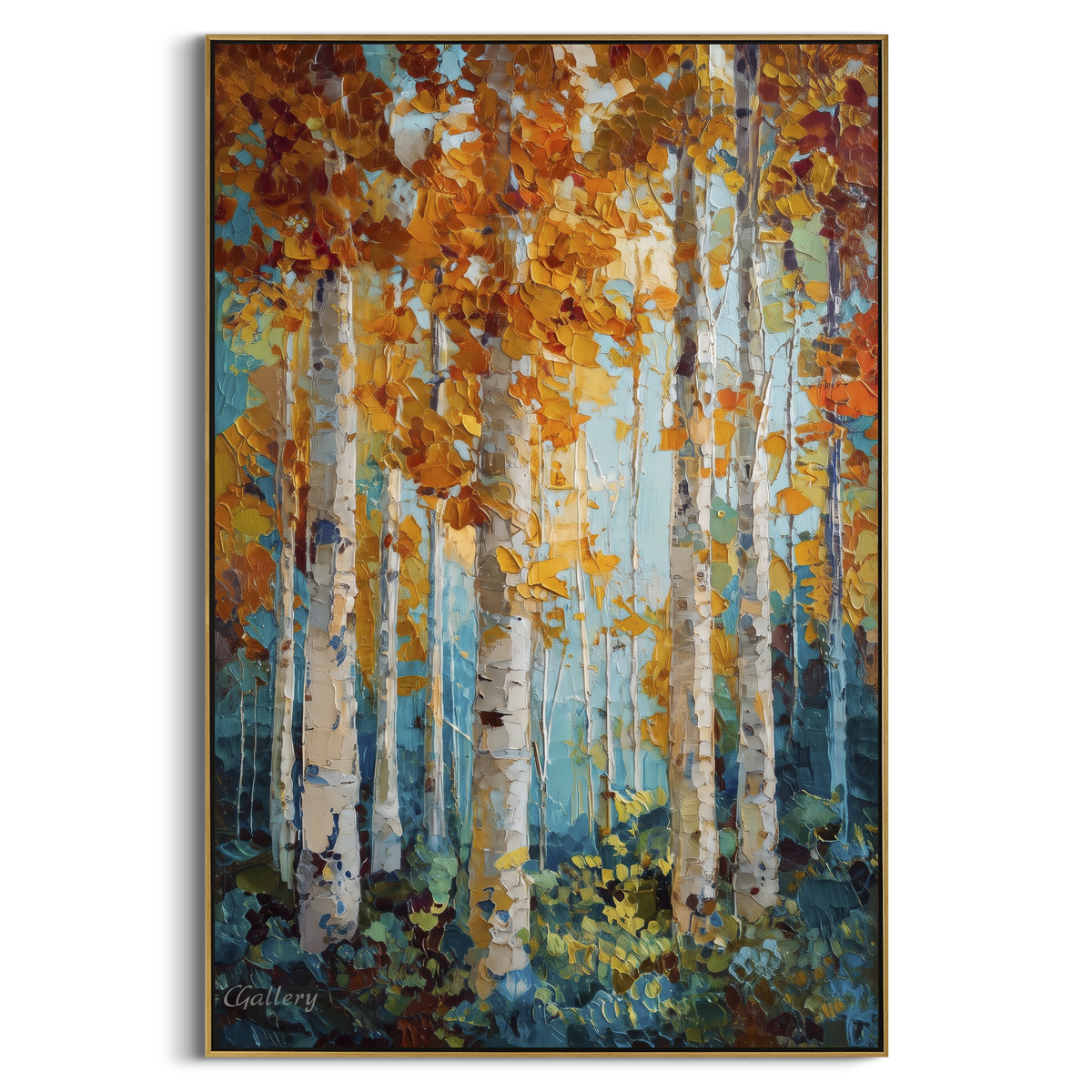 ARTWORK DETAILS Aqua Birch Leaffall Painting is built from the actual artwork image: aqua blue birch stand with copper leaf fall. The composition uses raised texture to separate tree trunks, leaf masses, ground movement, and soft background atmosphere, so the surface reads with real hand-painted depth from different viewing angles. The color direction is blue, orange, white, chosen to keep the autumn mood warm while still leaving enough pale air and cool contrast for modern interiors. Core
