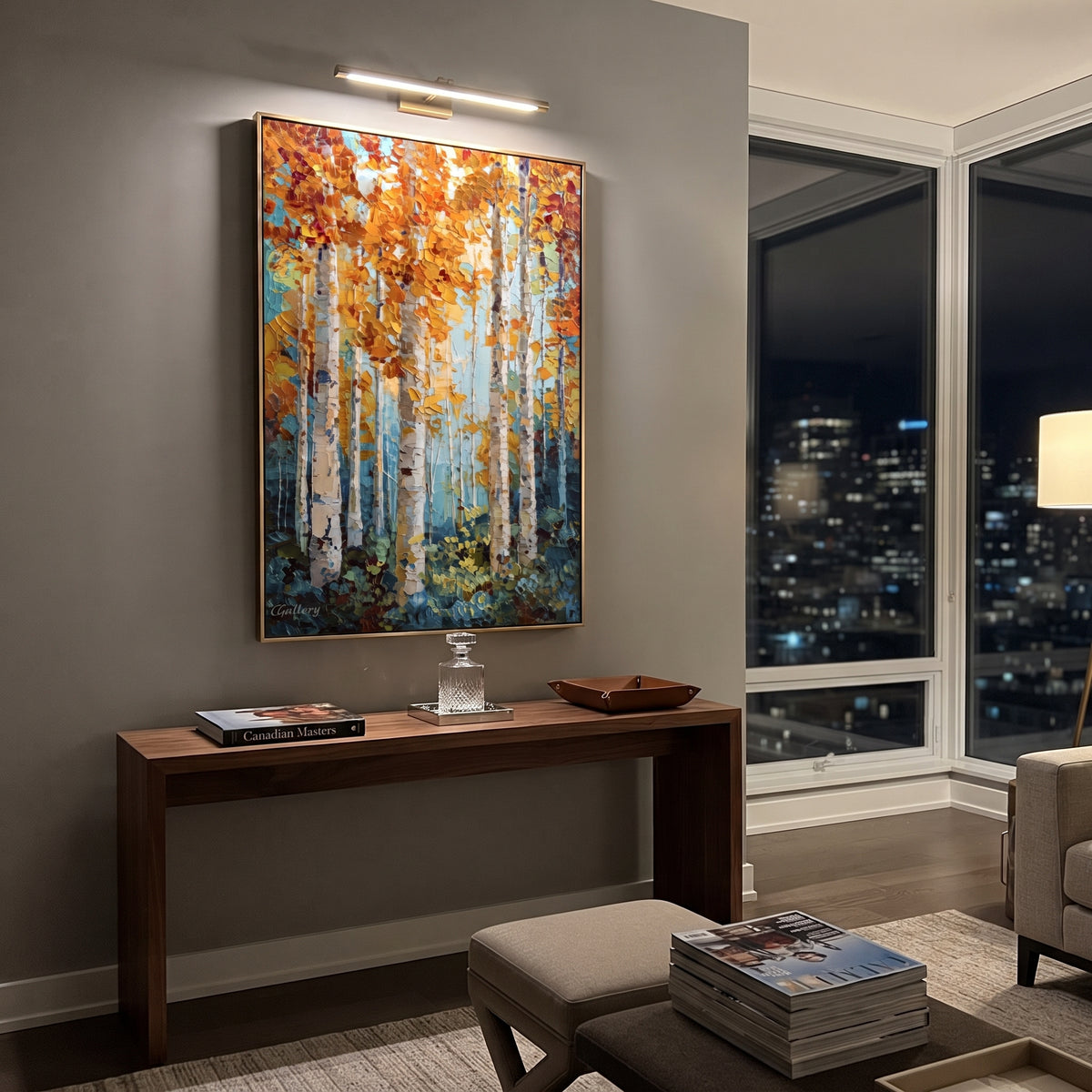 ARTWORK DETAILS Aqua Birch Leaffall Painting is built from the actual artwork image: aqua blue birch stand with copper leaf fall. The composition uses raised texture to separate tree trunks, leaf masses, ground movement, and soft background atmosphere, so the surface reads with real hand-painted depth from different viewing angles. The color direction is blue, orange, white, chosen to keep the autumn mood warm while still leaving enough pale air and cool contrast for modern interiors. Core
