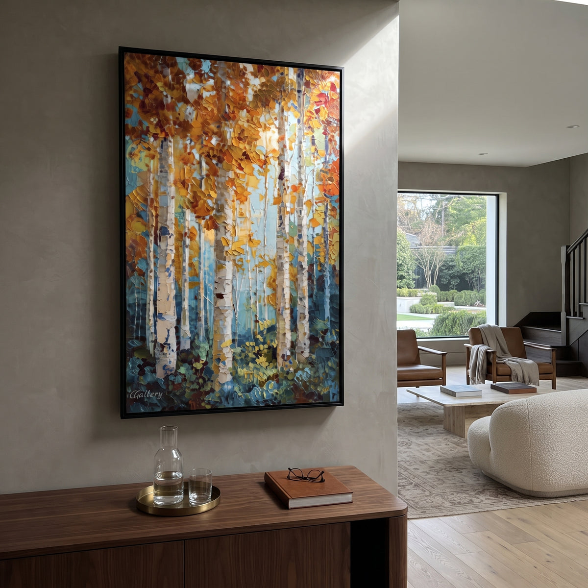ARTWORK DETAILS Aqua Birch Leaffall Painting is built from the actual artwork image: aqua blue birch stand with copper leaf fall. The composition uses raised texture to separate tree trunks, leaf masses, ground movement, and soft background atmosphere, so the surface reads with real hand-painted depth from different viewing angles. The color direction is blue, orange, white, chosen to keep the autumn mood warm while still leaving enough pale air and cool contrast for modern interiors. Core