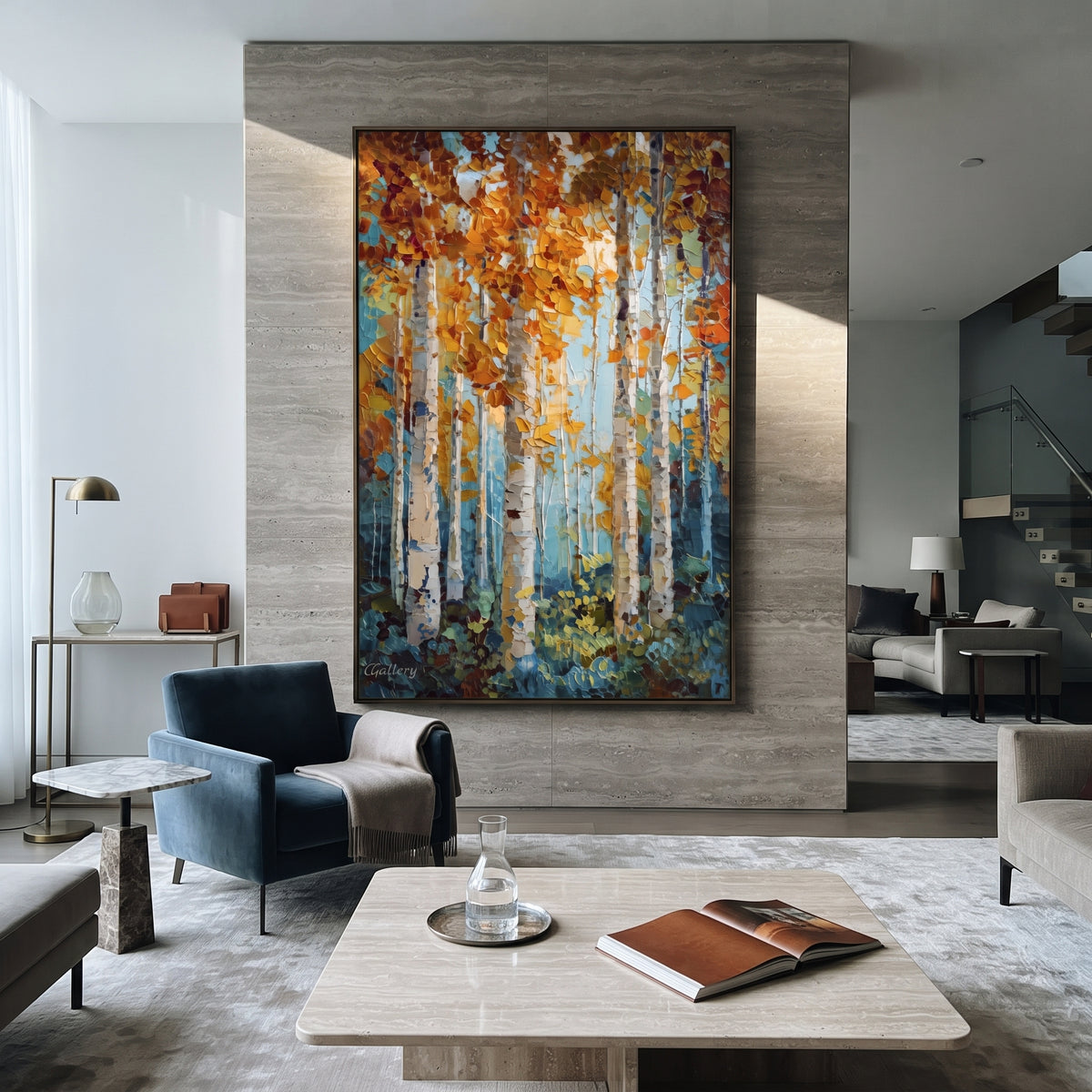 ARTWORK DETAILS Aqua Birch Leaffall Painting is built from the actual artwork image: aqua blue birch stand with copper leaf fall. The composition uses raised texture to separate tree trunks, leaf masses, ground movement, and soft background atmosphere, so the surface reads with real hand-painted depth from different viewing angles. The color direction is blue, orange, white, chosen to keep the autumn mood warm while still leaving enough pale air and cool contrast for modern interiors. Core