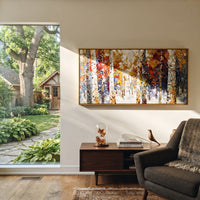 ARTWORK DETAILS Snow Gray Birch Color Marks Painting is built from the actual artwork image: white gray birch forest with red and gold color marks. The composition uses raised texture to separate tree trunks, leaf masses, ground movement, and soft background atmosphere, so the surface reads with real hand-painted depth from different viewing angles. The color direction is white, gray, red, chosen to keep the autumn mood warm while still leaving enough pale air and cool contrast for modern