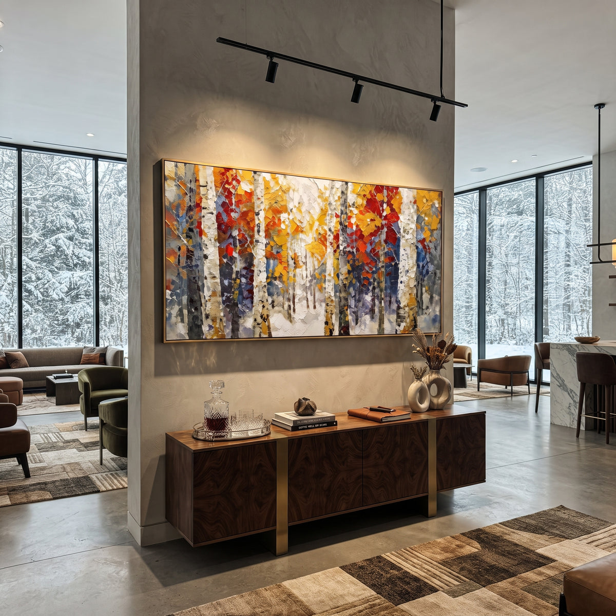 ARTWORK DETAILS Snow Gray Birch Color Marks Painting is built from the actual artwork image: white gray birch forest with red and gold color marks. The composition uses raised texture to separate tree trunks, leaf masses, ground movement, and soft background atmosphere, so the surface reads with real hand-painted depth from different viewing angles. The color direction is white, gray, red, chosen to keep the autumn mood warm while still leaving enough pale air and cool contrast for modern