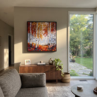 ARTWORK DETAILS Deep Red Birch Corridor Painting is built from the actual artwork image: red orange leaves framing a white birch corridor. The composition uses raised texture to separate tree trunks, leaf masses, ground movement, and soft background atmosphere, so the surface reads with real hand-painted depth from different viewing angles. The color direction is red, orange, white, chosen to keep the autumn mood warm while still leaving enough pale air and cool contrast for modern interiors.