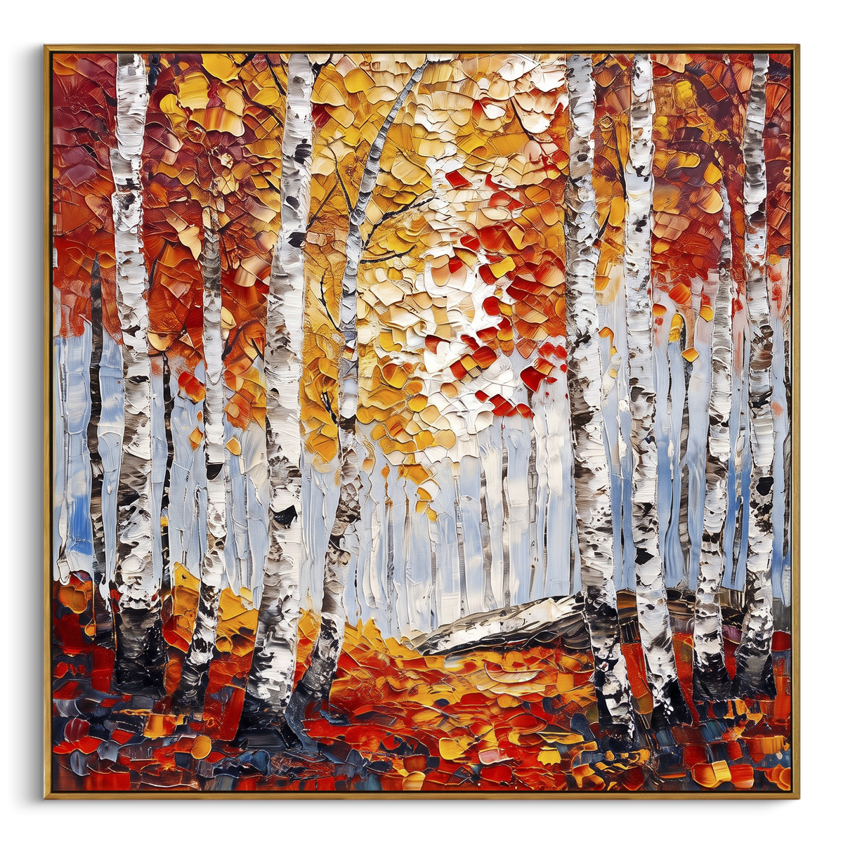 ARTWORK DETAILS Deep Red Birch Corridor Painting is built from the actual artwork image: red orange leaves framing a white birch corridor. The composition uses raised texture to separate tree trunks, leaf masses, ground movement, and soft background atmosphere, so the surface reads with real hand-painted depth from different viewing angles. The color direction is red, orange, white, chosen to keep the autumn mood warm while still leaving enough pale air and cool contrast for modern interiors.