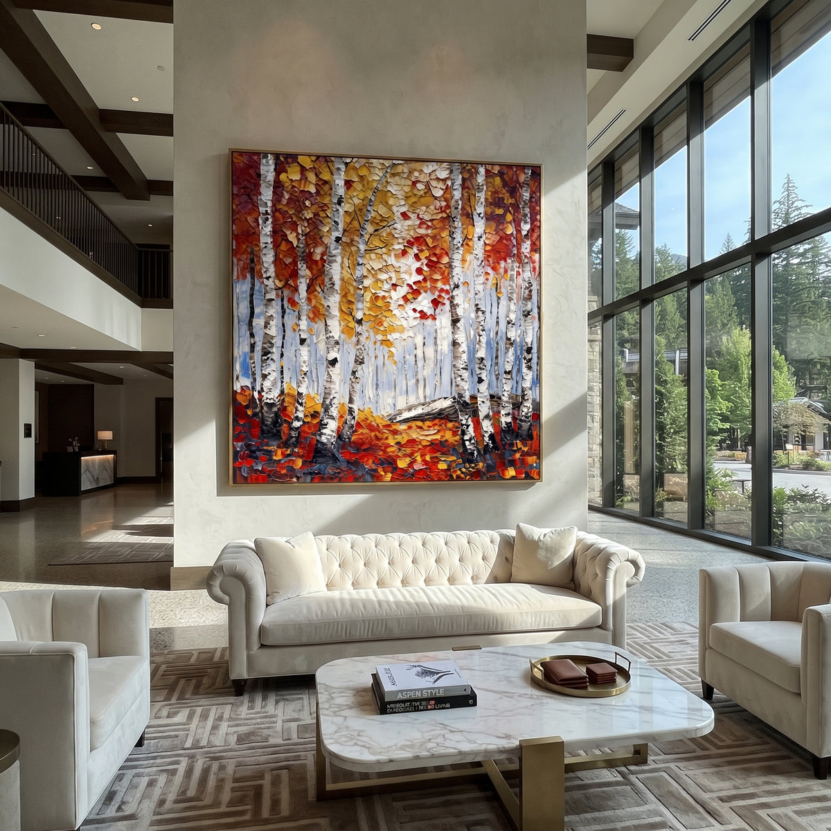 ARTWORK DETAILS Deep Red Birch Corridor Painting is built from the actual artwork image: red orange leaves framing a white birch corridor. The composition uses raised texture to separate tree trunks, leaf masses, ground movement, and soft background atmosphere, so the surface reads with real hand-painted depth from different viewing angles. The color direction is red, orange, white, chosen to keep the autumn mood warm while still leaving enough pale air and cool contrast for modern interiors.
