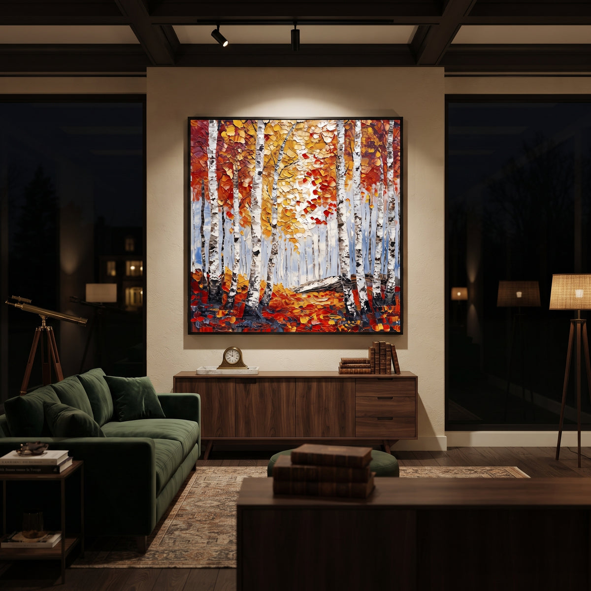 ARTWORK DETAILS Deep Red Birch Corridor Painting is built from the actual artwork image: red orange leaves framing a white birch corridor. The composition uses raised texture to separate tree trunks, leaf masses, ground movement, and soft background atmosphere, so the surface reads with real hand-painted depth from different viewing angles. The color direction is red, orange, white, chosen to keep the autumn mood warm while still leaving enough pale air and cool contrast for modern interiors.