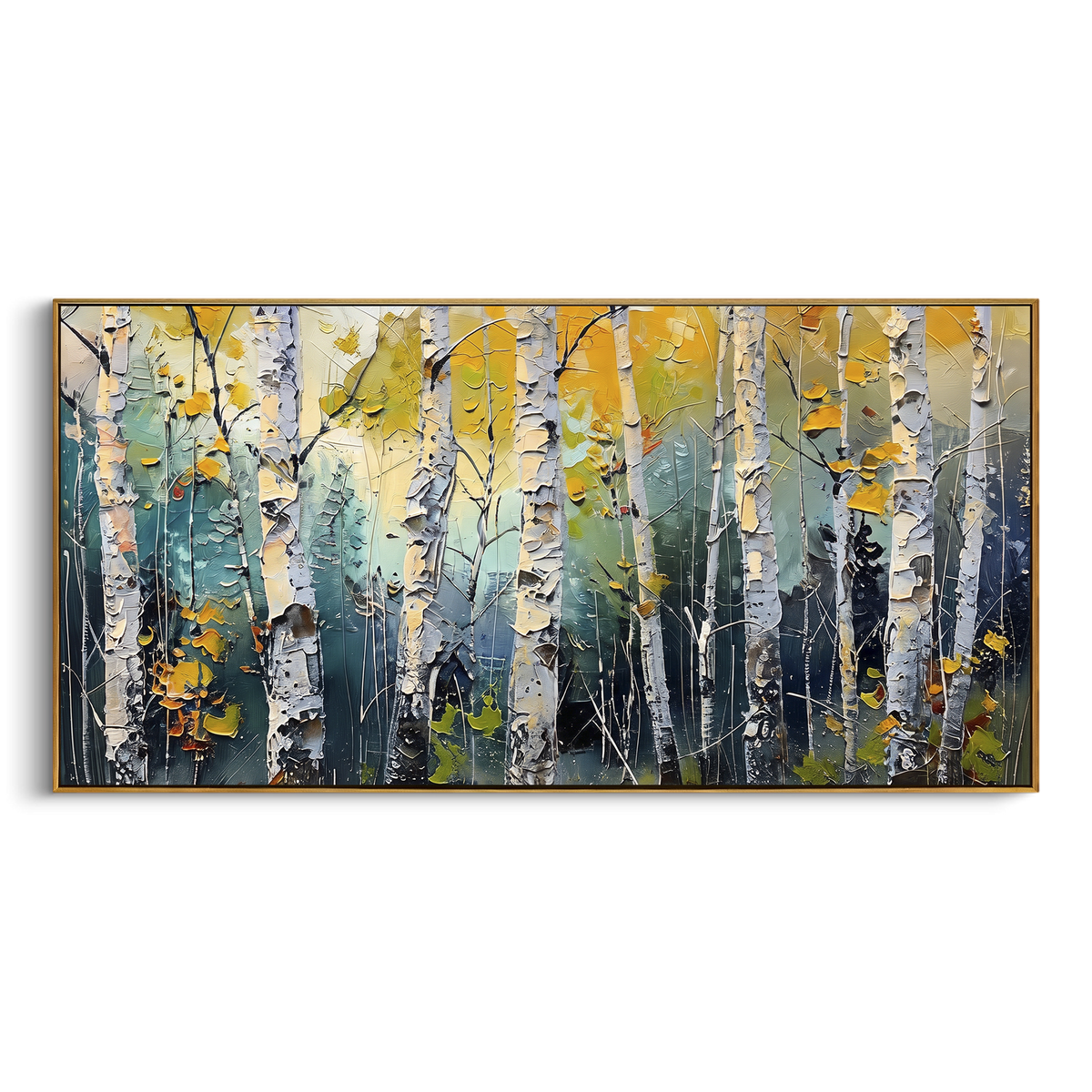 ARTWORK DETAILS Silver Birch Yellow Leaves Painting is built from the actual artwork image: silver white birch trunks with fresh yellow leaves. The composition uses raised texture to separate tree trunks, leaf masses, ground movement, and soft background atmosphere, so the surface reads with real hand-painted depth from different viewing angles. The color direction is white, yellow, black, chosen to keep the autumn mood warm while still leaving enough pale air and cool contrast for modern