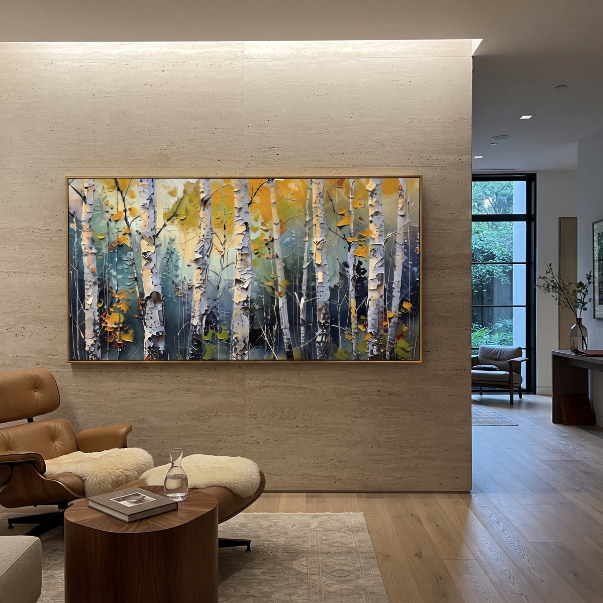ARTWORK DETAILS Silver Birch Yellow Leaves Painting is built from the actual artwork image: silver white birch trunks with fresh yellow leaves. The composition uses raised texture to separate tree trunks, leaf masses, ground movement, and soft background atmosphere, so the surface reads with real hand-painted depth from different viewing angles. The color direction is white, yellow, black, chosen to keep the autumn mood warm while still leaving enough pale air and cool contrast for modern