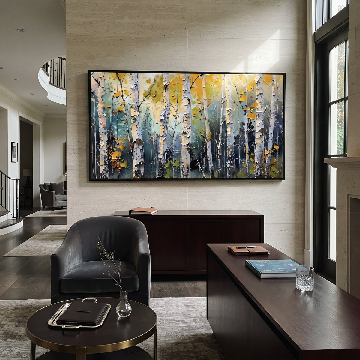 ARTWORK DETAILS Silver Birch Yellow Leaves Painting is built from the actual artwork image: silver white birch trunks with fresh yellow leaves. The composition uses raised texture to separate tree trunks, leaf masses, ground movement, and soft background atmosphere, so the surface reads with real hand-painted depth from different viewing angles. The color direction is white, yellow, black, chosen to keep the autumn mood warm while still leaving enough pale air and cool contrast for modern