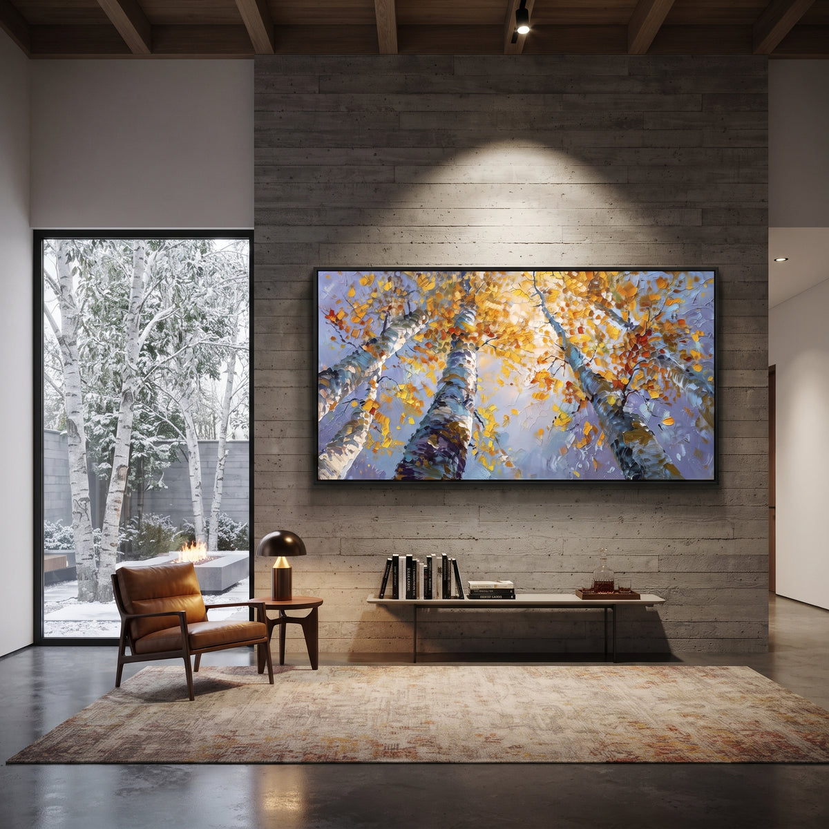 ARTWORK DETAILS Upward Birch Golden Sky Painting is built from the actual artwork image: upward view of birch trunks and yellow leaves against blue sky. The composition uses raised texture to separate tree trunks, leaf masses, ground movement, and soft background atmosphere, so the surface reads with real hand-painted depth from different viewing angles. The color direction is yellow, blue, white, chosen to keep the autumn mood warm while still leaving enough pale air and cool contrast for