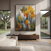 ARTWORK DETAILS Autumn Aspen Cluster Painting is built from the actual artwork image: compact aspen cluster with green orange yellow foliage. The composition uses raised texture to separate tree trunks, leaf masses, ground movement, and soft background atmosphere, so the surface reads with real hand-painted depth from different viewing angles. The color direction is green, orange, yellow, chosen to keep the autumn mood warm while still leaving enough pale air and cool contrast for modern