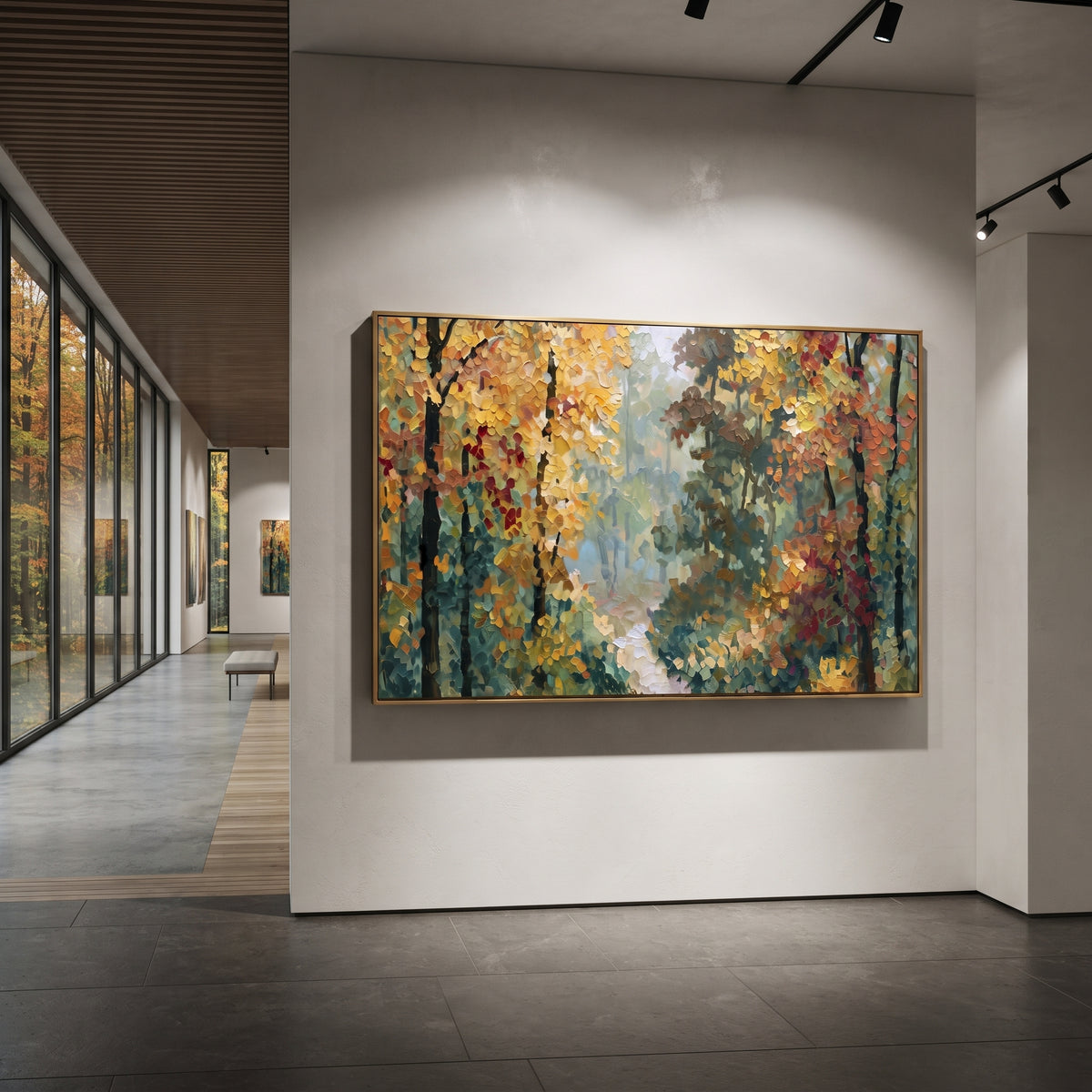 ARTWORK DETAILS Woodland Stream Autumn Painting is built from the actual artwork image: curving stream through a warm autumn forest. The composition uses raised texture to separate tree trunks, leaf masses, ground movement, and soft background atmosphere, so the surface reads with real hand-painted depth from different viewing angles. The color direction is green, orange, blue, chosen to keep the autumn mood warm while still leaving enough pale air and cool contrast for modern interiors. Core