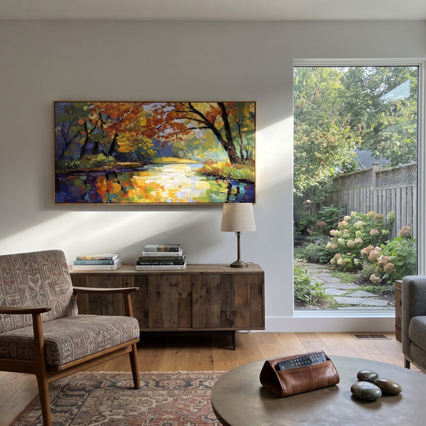 "Riverbank Autumn Reflection" - Modern Heavy Impasto Landscape Artwork | Green & Yellow Palette Knife Painting | Luxury Horizontal Wall Art #PT 2231