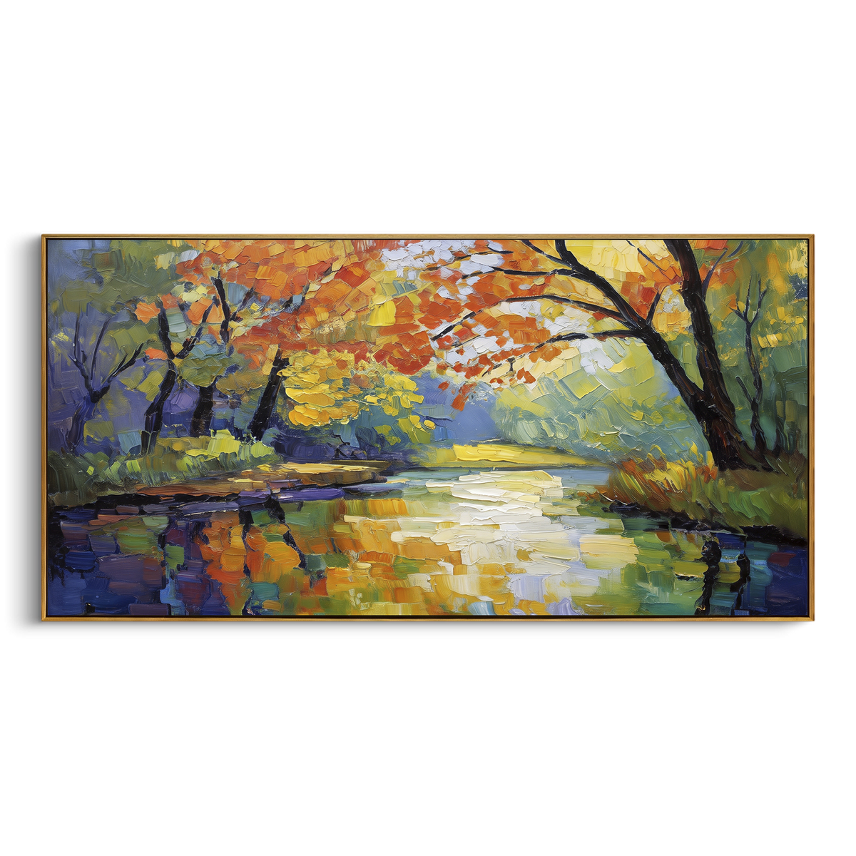 "Riverbank Autumn Reflection" - Modern Heavy Impasto Landscape Artwork | Green & Yellow Palette Knife Painting | Luxury Horizontal Wall Art #PT 2231