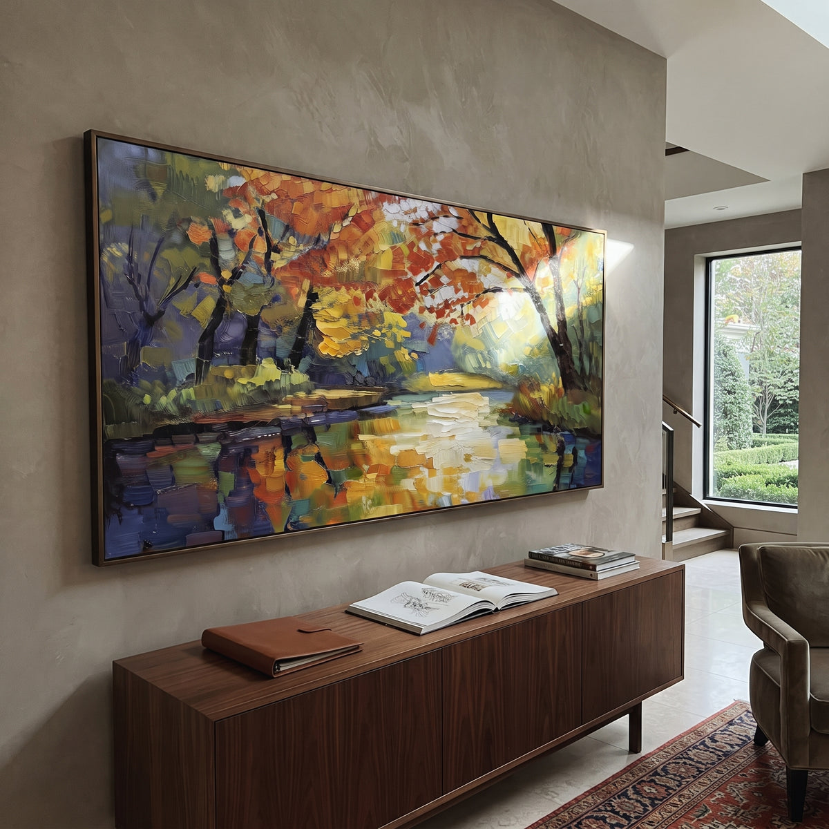 ARTWORK DETAILS Riverbank Autumn Reflection Painting is built from the actual artwork image: gold and green riverside trees reflected in still water. The composition uses raised texture to separate tree trunks, leaf masses, ground movement, and soft background atmosphere, so the surface reads with real hand-painted depth from different viewing angles. The color direction is green, yellow, blue, chosen to keep the autumn mood warm while still leaving enough pale air and cool contrast for modern