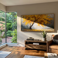 ARTWORK DETAILS Gold Tree Mist Field Painting is built from the actual artwork image: single gold tree spreading across a misty field. The composition uses raised texture to separate tree trunks, leaf masses, ground movement, and soft background atmosphere, so the surface reads with real hand-painted depth from different viewing angles. The color direction is yellow, gray, green, chosen to keep the autumn mood warm while still leaving enough pale air and cool contrast for modern interiors. Core
