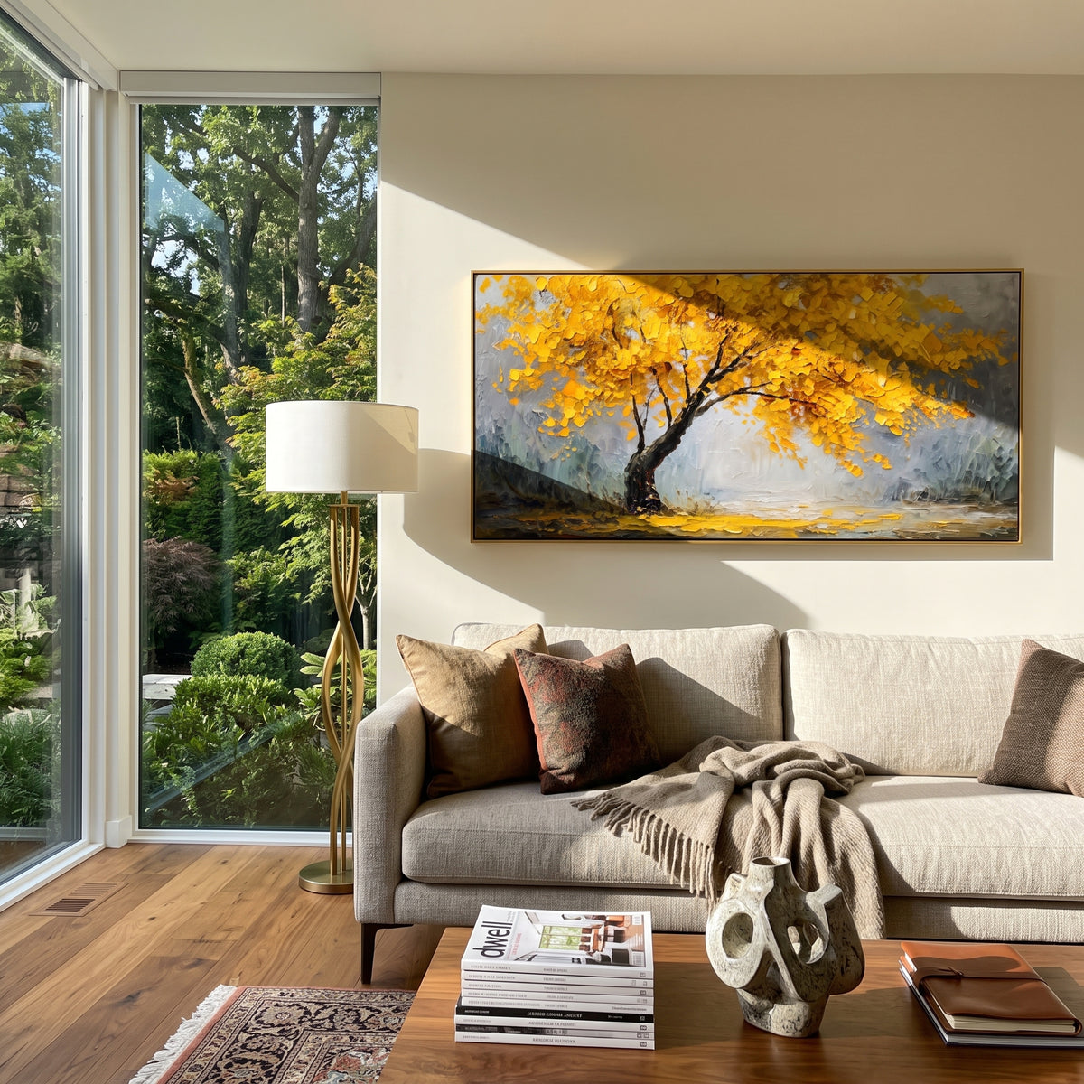 ARTWORK DETAILS Gold Tree Mist Field Painting is built from the actual artwork image: single gold tree spreading across a misty field. The composition uses raised texture to separate tree trunks, leaf masses, ground movement, and soft background atmosphere, so the surface reads with real hand-painted depth from different viewing angles. The color direction is yellow, gray, green, chosen to keep the autumn mood warm while still leaving enough pale air and cool contrast for modern interiors. Core