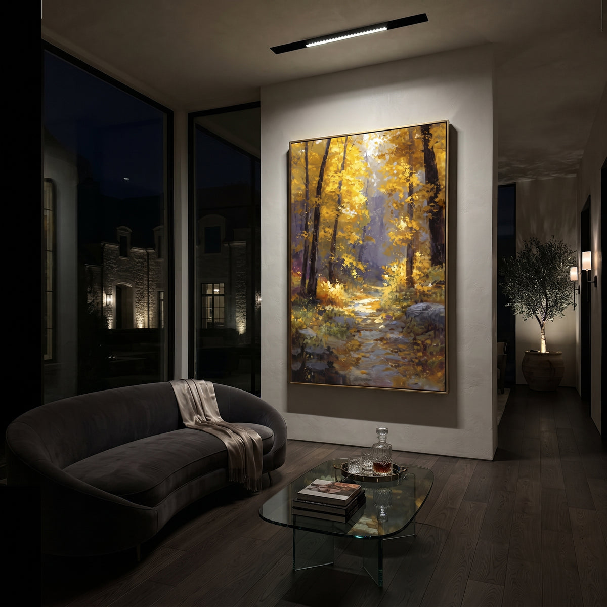ARTWORK DETAILS Golden Forest Footpath Painting is built from the actual artwork image: narrow footpath under tall golden woodland light. The composition uses raised texture to separate tree trunks, leaf masses, ground movement, and soft background atmosphere, so the surface reads with real hand-painted depth from different viewing angles. The color direction is yellow, brown, gray, chosen to keep the autumn mood warm while still leaving enough pale air and cool contrast for modern interiors.