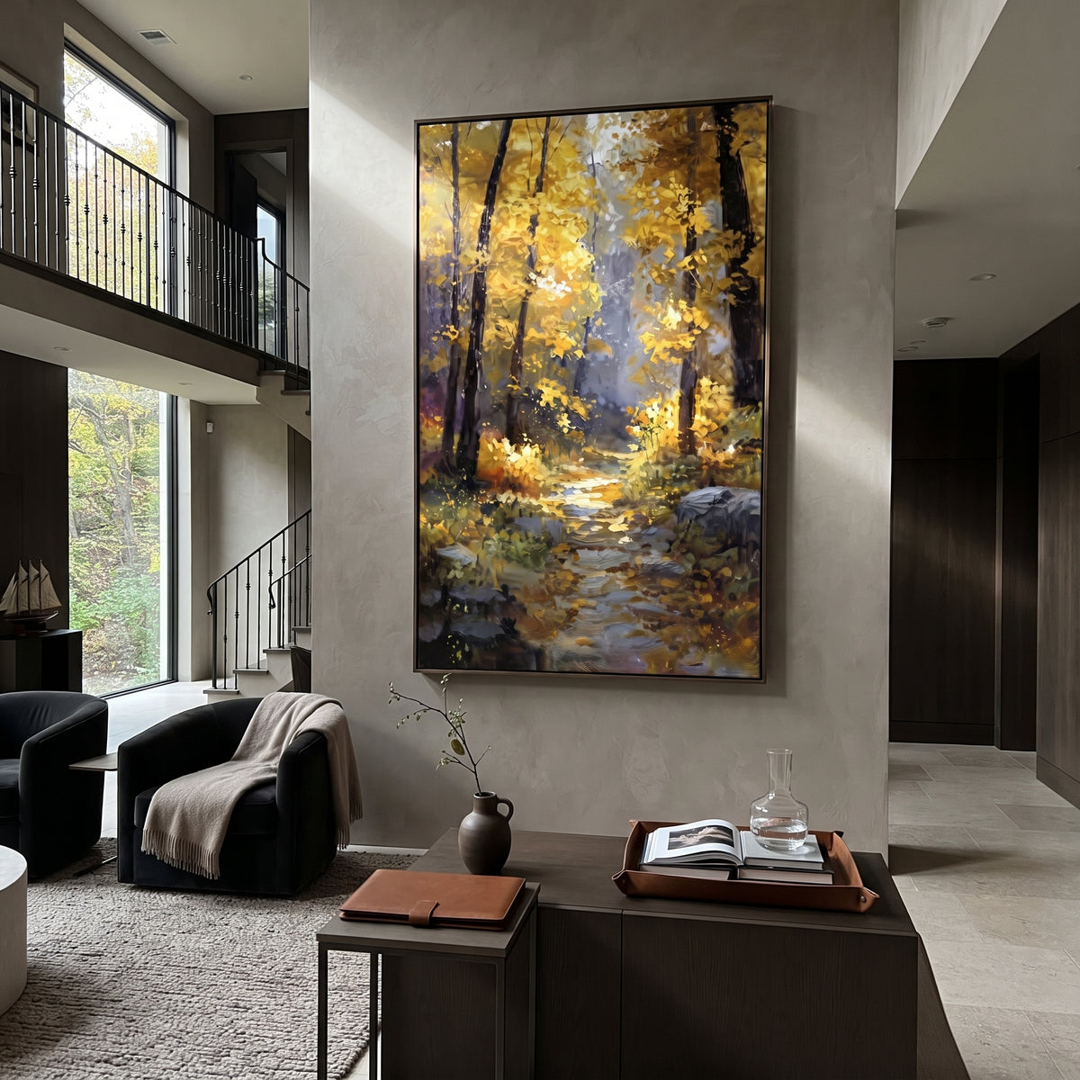 ARTWORK DETAILS Golden Forest Footpath Painting is built from the actual artwork image: narrow footpath under tall golden woodland light. The composition uses raised texture to separate tree trunks, leaf masses, ground movement, and soft background atmosphere, so the surface reads with real hand-painted depth from different viewing angles. The color direction is yellow, brown, gray, chosen to keep the autumn mood warm while still leaving enough pale air and cool contrast for modern interiors.