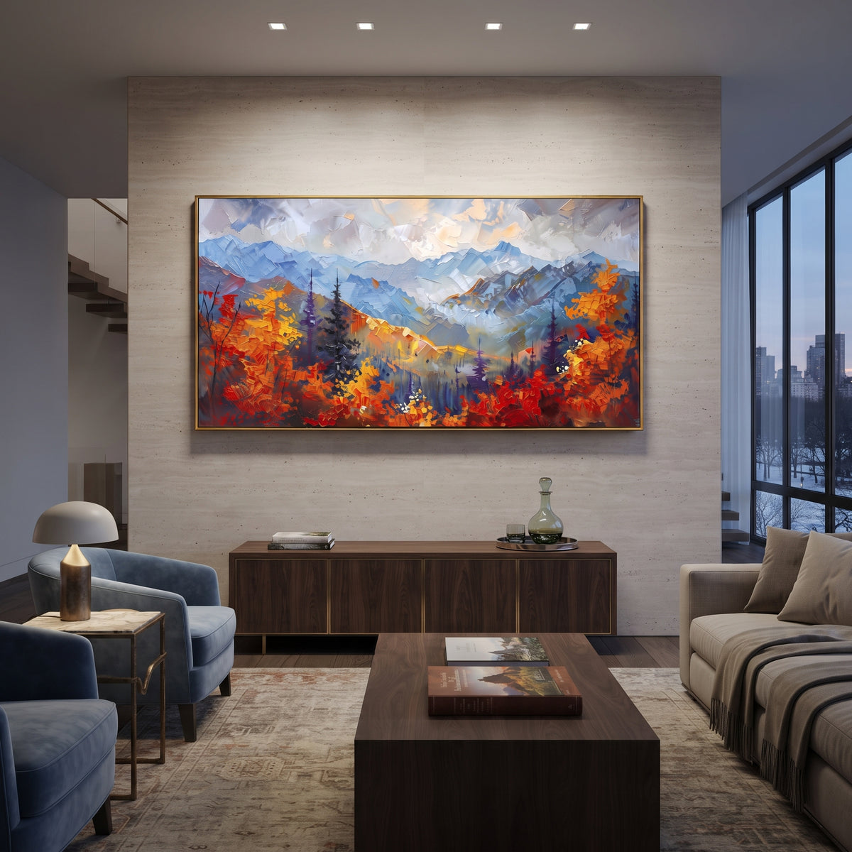 ARTWORK DETAILS Autumn Mountain Valley Painting is built from the actual artwork image: red autumn valley leading into blue mountain ridges. The composition uses raised texture to separate tree trunks, leaf masses, ground movement, and soft background atmosphere, so the surface reads with real hand-painted depth from different viewing angles. The color direction is red, blue, yellow, chosen to keep the autumn mood warm while still leaving enough pale air and cool contrast for modern interiors.