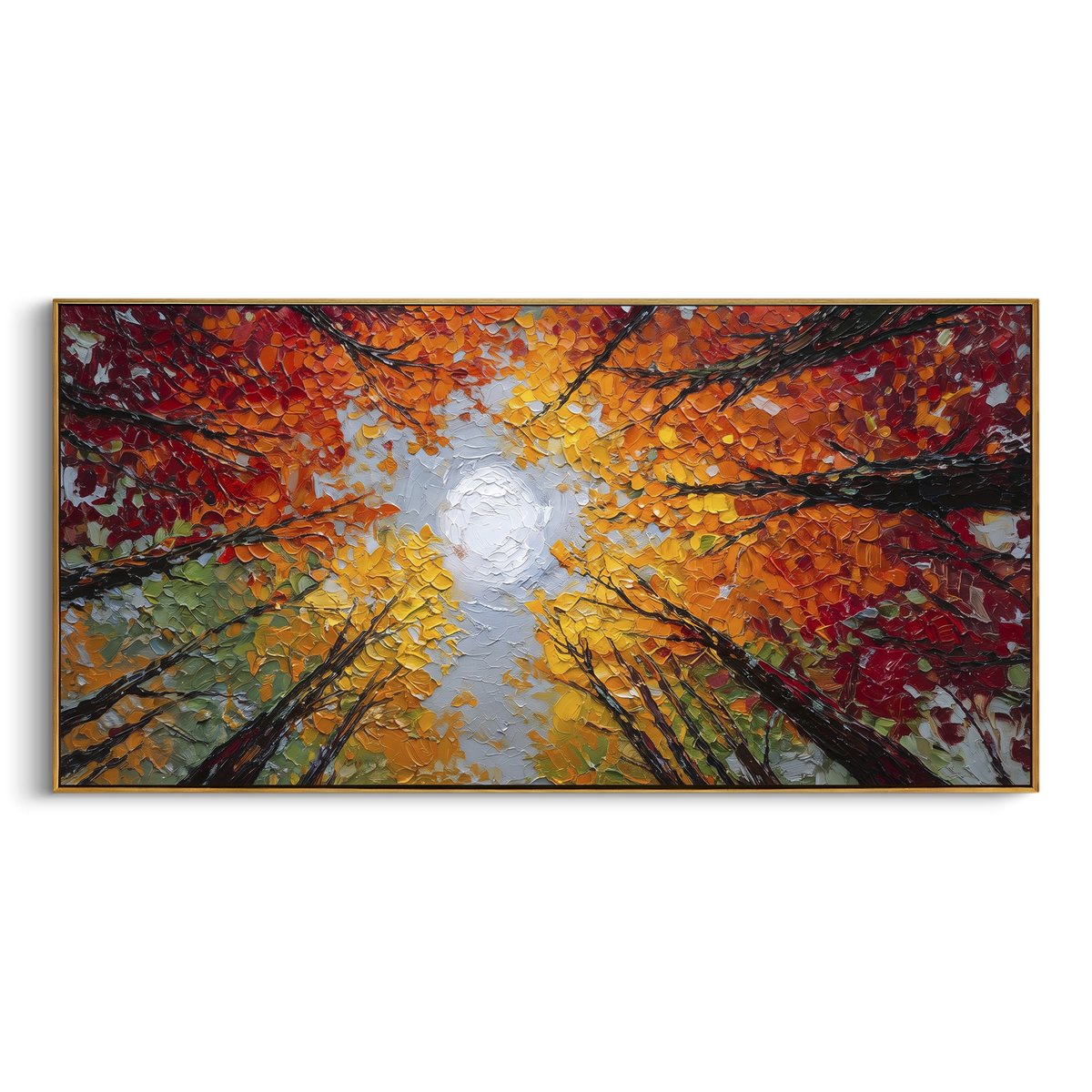 ARTWORK DETAILS Red Canopy Skyward Painting is built from the actual artwork image: looking upward through red orange autumn canopy and blue sky. The composition uses raised texture to separate tree trunks, leaf masses, ground movement, and soft background atmosphere, so the surface reads with real hand-painted depth from different viewing angles. The color direction is red, orange, blue, chosen to keep the autumn mood warm while still leaving enough pale air and cool contrast for modern