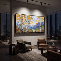 ARTWORK DETAILS Birch Mountain Meadow Painting is built from the actual artwork image: yellow birches beside blue mountains and green meadow. The composition uses raised texture to separate tree trunks, leaf masses, ground movement, and soft background atmosphere, so the surface reads with real hand-painted depth from different viewing angles. The color direction is yellow, blue, green, chosen to keep the autumn mood warm while still leaving enough pale air and cool contrast for modern