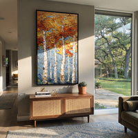 ARTWORK DETAILS Tall Aspen Gold Texture Painting is built from the actual artwork image: vertical white aspens with thick gold leaf texture. The composition uses raised texture to separate tree trunks, leaf masses, ground movement, and soft background atmosphere, so the surface reads with real hand-painted depth from different viewing angles. The color direction is yellow, white, blue, chosen to keep the autumn mood warm while still leaving enough pale air and cool contrast for modern interiors.