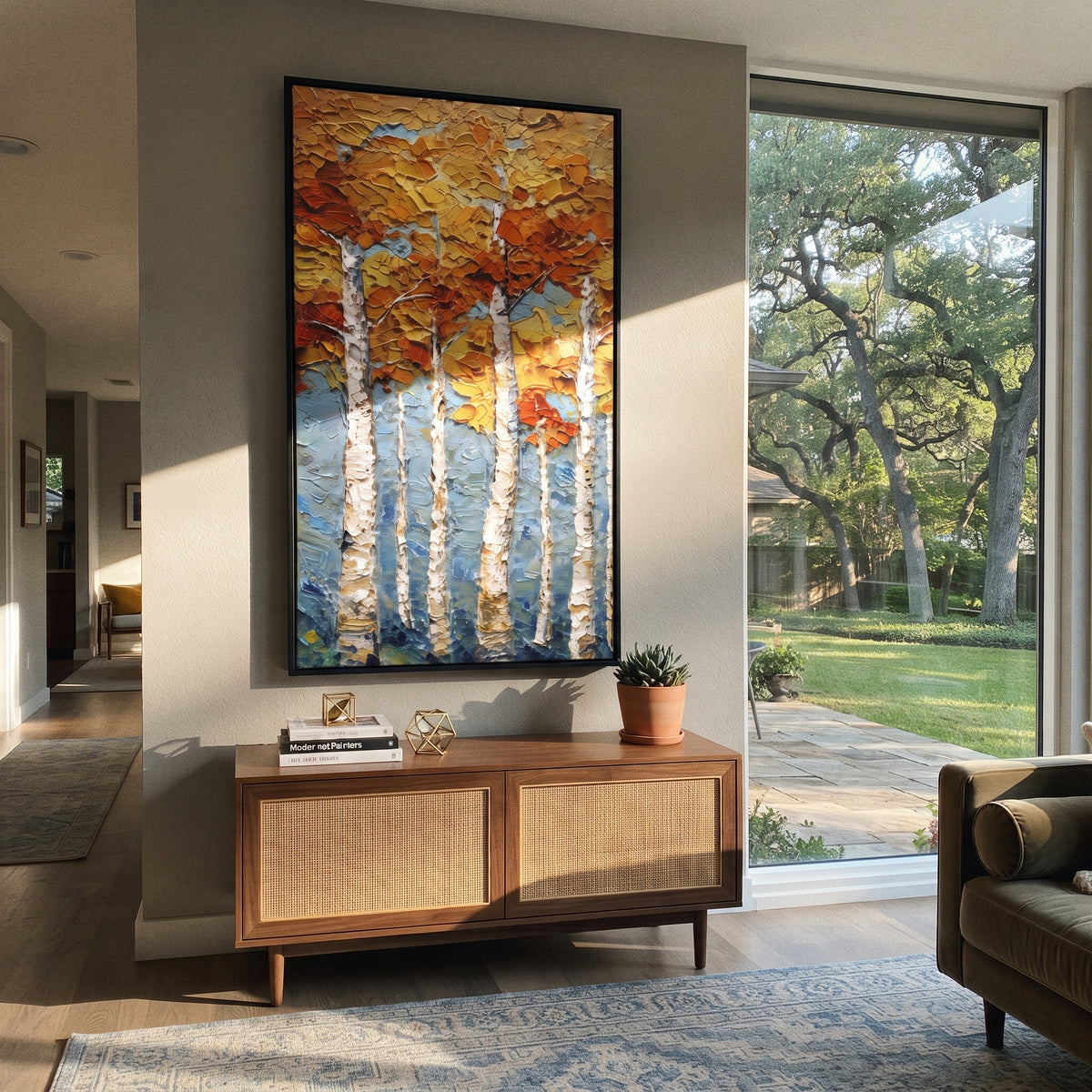 ARTWORK DETAILS Tall Aspen Gold Texture Painting is built from the actual artwork image: vertical white aspens with thick gold leaf texture. The composition uses raised texture to separate tree trunks, leaf masses, ground movement, and soft background atmosphere, so the surface reads with real hand-painted depth from different viewing angles. The color direction is yellow, white, blue, chosen to keep the autumn mood warm while still leaving enough pale air and cool contrast for modern interiors.