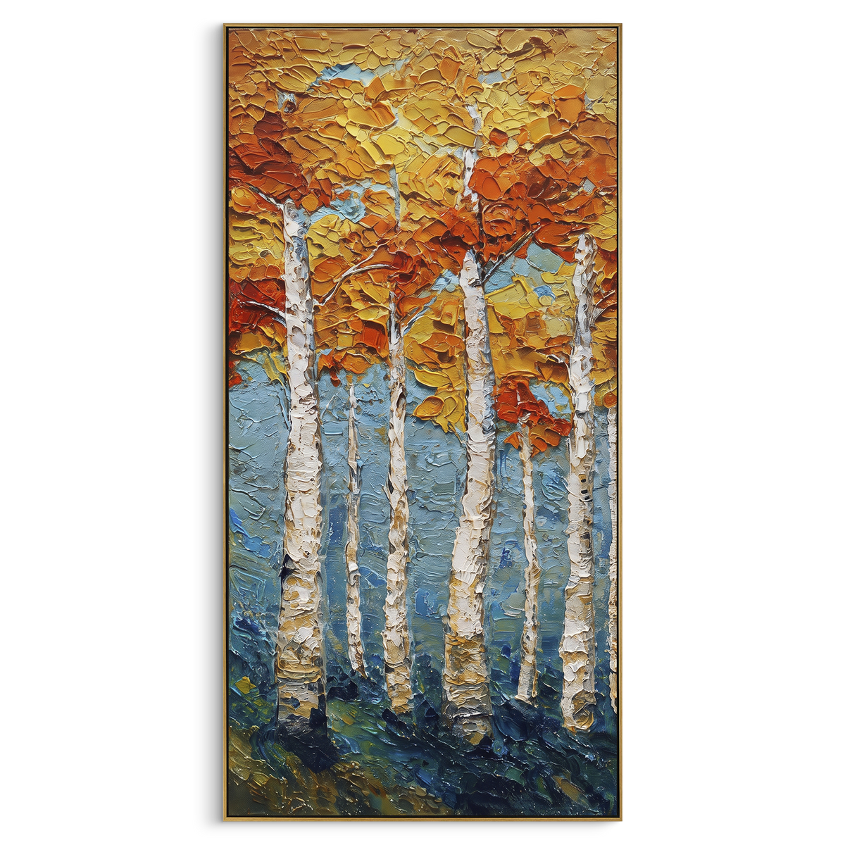 "Tall Aspen Gold Texture" - Modern Heavy Impasto Botanical Tree Artwork | Yellow & White Palette Knife Painting | Luxury Vertical Wall Art #PT 2237
