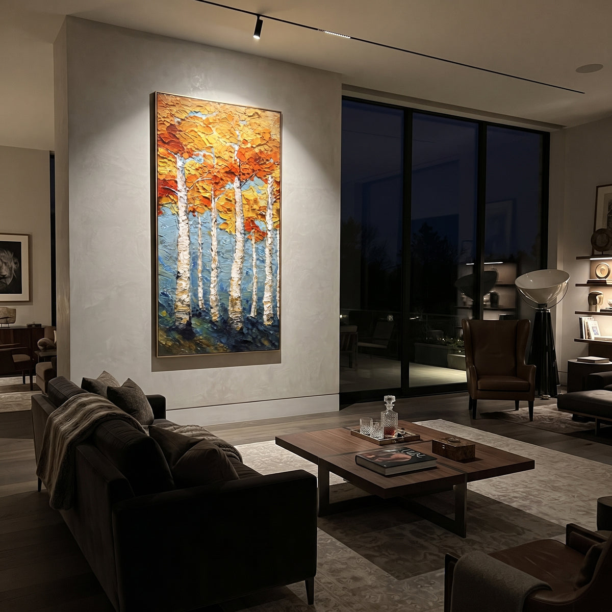 ARTWORK DETAILS Tall Aspen Gold Texture Painting is built from the actual artwork image: vertical white aspens with thick gold leaf texture. The composition uses raised texture to separate tree trunks, leaf masses, ground movement, and soft background atmosphere, so the surface reads with real hand-painted depth from different viewing angles. The color direction is yellow, white, blue, chosen to keep the autumn mood warm while still leaving enough pale air and cool contrast for modern interiors.
