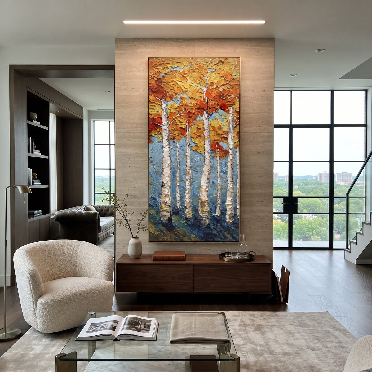 ARTWORK DETAILS Tall Aspen Gold Texture Painting is built from the actual artwork image: vertical white aspens with thick gold leaf texture. The composition uses raised texture to separate tree trunks, leaf masses, ground movement, and soft background atmosphere, so the surface reads with real hand-painted depth from different viewing angles. The color direction is yellow, white, blue, chosen to keep the autumn mood warm while still leaving enough pale air and cool contrast for modern interiors.