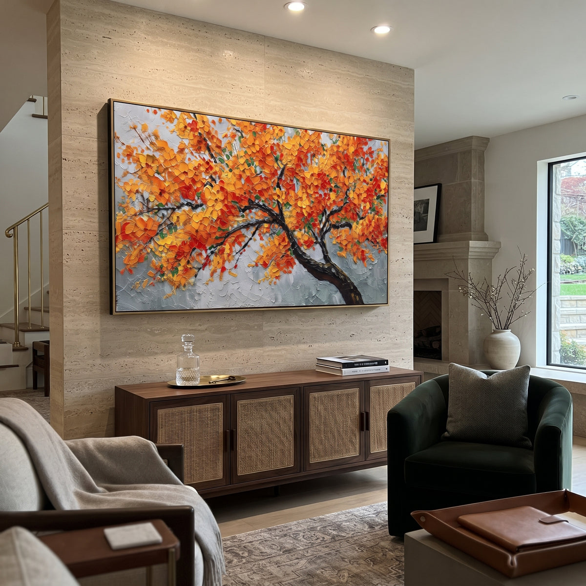 ARTWORK DETAILS Orange Branch Autumn Painting is built from the actual artwork image: sweeping black branch carrying orange leaves across pale space. The composition uses raised texture to separate tree trunks, leaf masses, ground movement, and soft background atmosphere, so the surface reads with real hand-painted depth from different viewing angles. The color direction is orange, black, gray, chosen to keep the autumn mood warm while still leaving enough pale air and cool contrast for modern