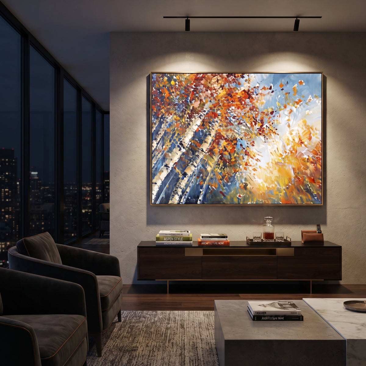 ARTWORK DETAILS Radiant Birch Sky Painting is built from the actual artwork image: radiating birch trunks and flying autumn leaves around white light. The composition uses raised texture to separate tree trunks, leaf masses, ground movement, and soft background atmosphere, so the surface reads with real hand-painted depth from different viewing angles. The color direction is orange, yellow, white, chosen to keep the autumn mood warm while still leaving enough pale air and cool contrast for