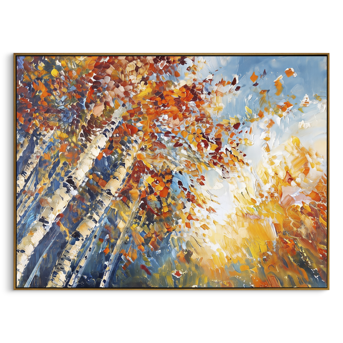 ARTWORK DETAILS Radiant Birch Sky Painting is built from the actual artwork image: radiating birch trunks and flying autumn leaves around white light. The composition uses raised texture to separate tree trunks, leaf masses, ground movement, and soft background atmosphere, so the surface reads with real hand-painted depth from different viewing angles. The color direction is orange, yellow, white, chosen to keep the autumn mood warm while still leaving enough pale air and cool contrast for