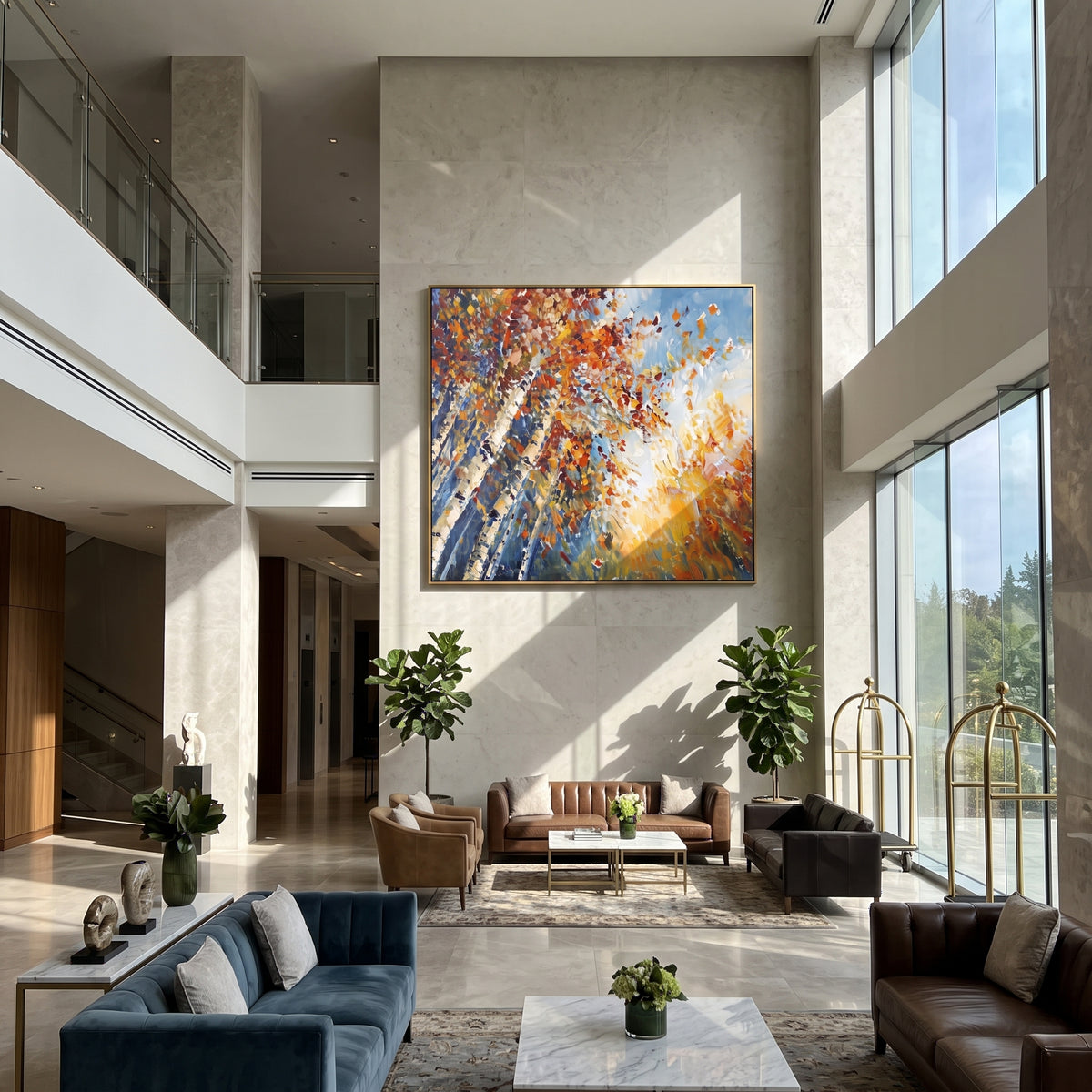 ARTWORK DETAILS Radiant Birch Sky Painting is built from the actual artwork image: radiating birch trunks and flying autumn leaves around white light. The composition uses raised texture to separate tree trunks, leaf masses, ground movement, and soft background atmosphere, so the surface reads with real hand-painted depth from different viewing angles. The color direction is orange, yellow, white, chosen to keep the autumn mood warm while still leaving enough pale air and cool contrast for