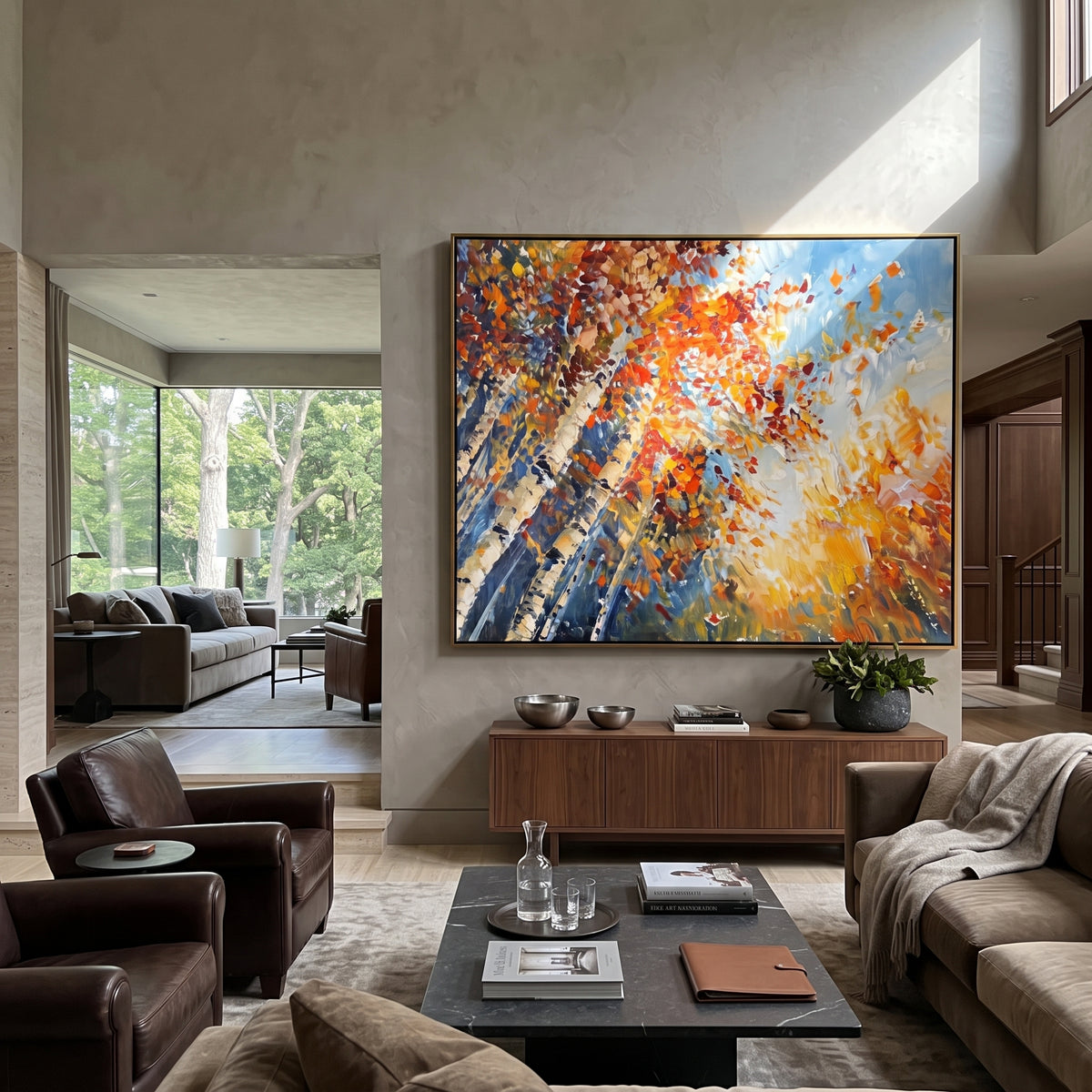 ARTWORK DETAILS Radiant Birch Sky Painting is built from the actual artwork image: radiating birch trunks and flying autumn leaves around white light. The composition uses raised texture to separate tree trunks, leaf masses, ground movement, and soft background atmosphere, so the surface reads with real hand-painted depth from different viewing angles. The color direction is orange, yellow, white, chosen to keep the autumn mood warm while still leaving enough pale air and cool contrast for