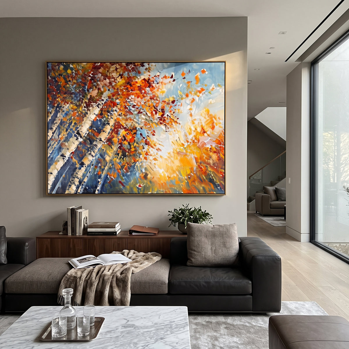 ARTWORK DETAILS Radiant Birch Sky Painting is built from the actual artwork image: radiating birch trunks and flying autumn leaves around white light. The composition uses raised texture to separate tree trunks, leaf masses, ground movement, and soft background atmosphere, so the surface reads with real hand-painted depth from different viewing angles. The color direction is orange, yellow, white, chosen to keep the autumn mood warm while still leaving enough pale air and cool contrast for