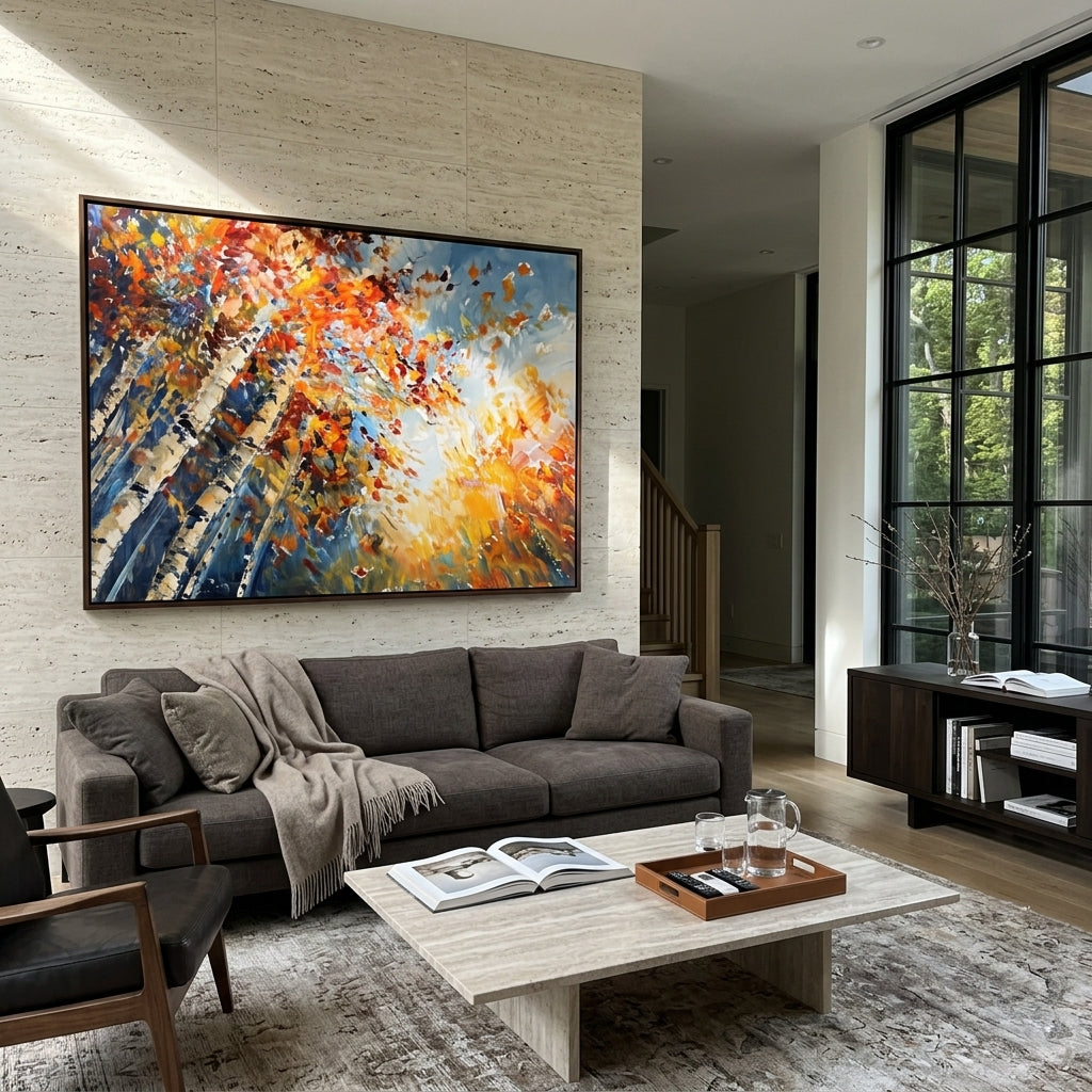 ARTWORK DETAILS Radiant Birch Sky Painting is built from the actual artwork image: radiating birch trunks and flying autumn leaves around white light. The composition uses raised texture to separate tree trunks, leaf masses, ground movement, and soft background atmosphere, so the surface reads with real hand-painted depth from different viewing angles. The color direction is orange, yellow, white, chosen to keep the autumn mood warm while still leaving enough pale air and cool contrast for