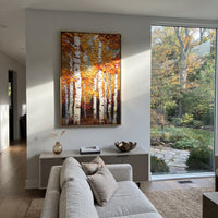 ARTWORK DETAILS Upright Aspen Gold Wall Painting is built from the actual artwork image: tall aspen trunks with compact gold leaf texture. The composition uses raised texture to separate tree trunks, leaf masses, ground movement, and soft background atmosphere, so the surface reads with real hand-painted depth from different viewing angles. The color direction is yellow, white, brown, chosen to keep the autumn mood warm while still leaving enough pale air and cool contrast for modern interiors.