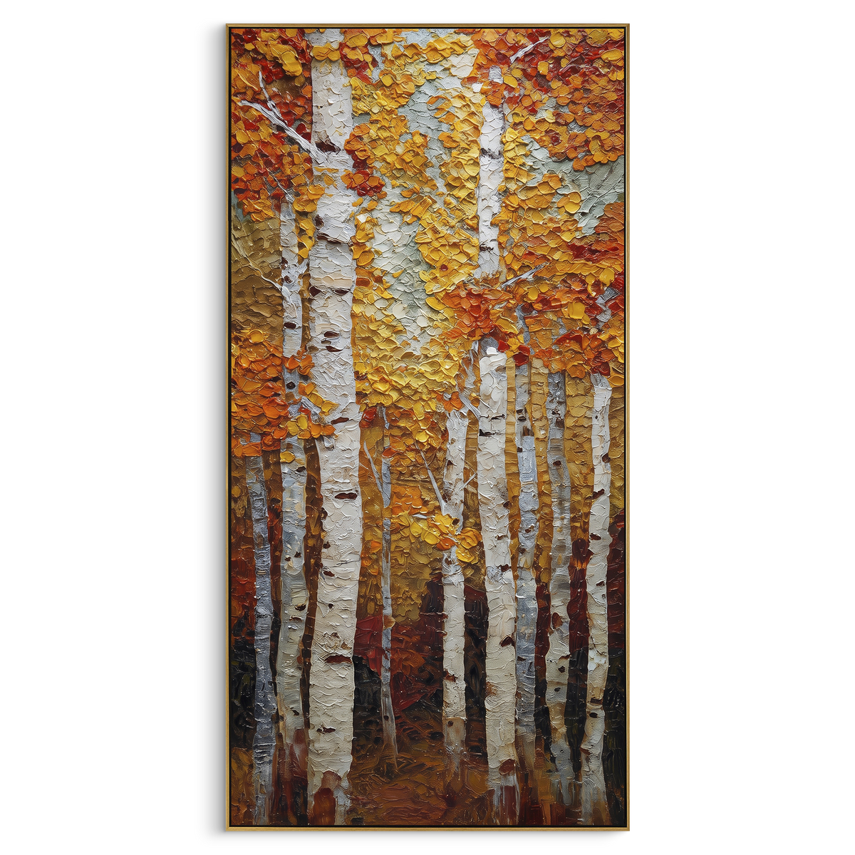 "Upright Aspen Gold Wall" - Modern Heavy Impasto Botanical Tree Artwork | Yellow & White Palette Knife Painting | Luxury Vertical Wall Art #PT 2242