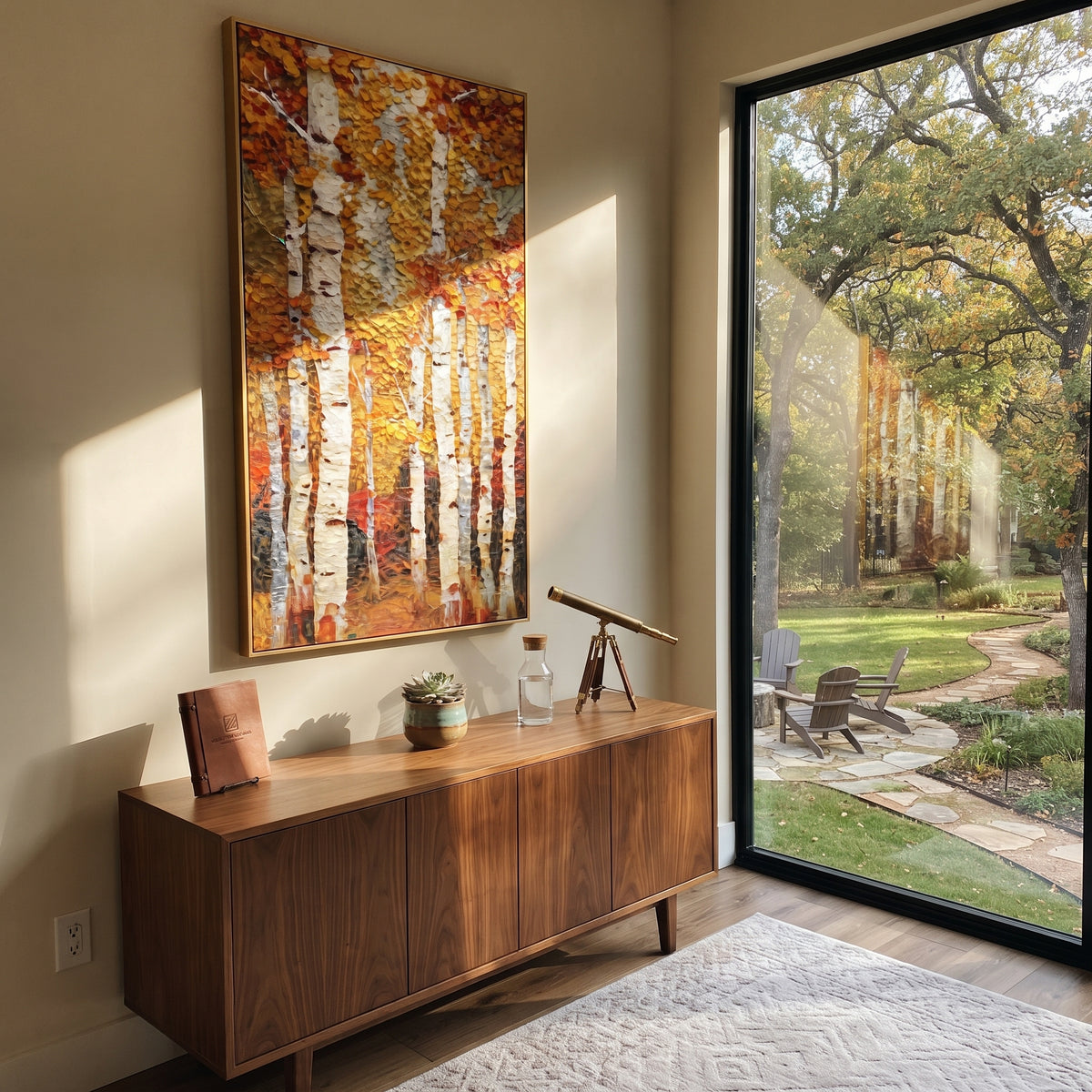 ARTWORK DETAILS Upright Aspen Gold Wall Painting is built from the actual artwork image: tall aspen trunks with compact gold leaf texture. The composition uses raised texture to separate tree trunks, leaf masses, ground movement, and soft background atmosphere, so the surface reads with real hand-painted depth from different viewing angles. The color direction is yellow, white, brown, chosen to keep the autumn mood warm while still leaving enough pale air and cool contrast for modern interiors.