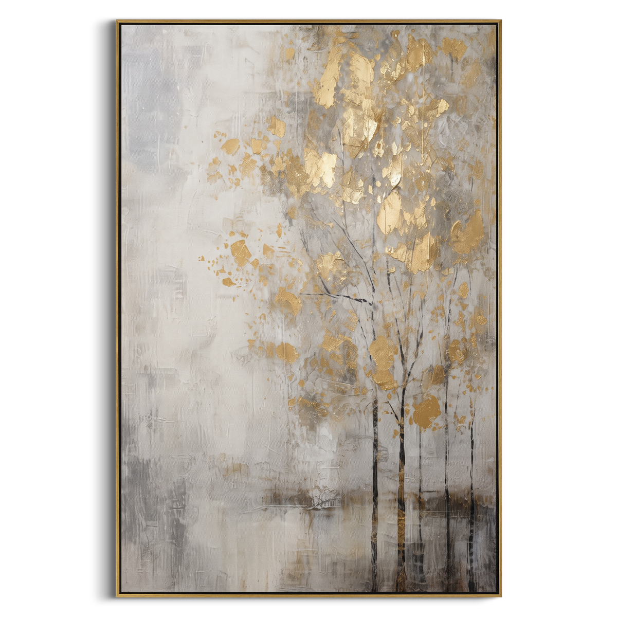 ARTWORK DETAILS Gold Branch Blue Shadow Painting is built from the actual artwork image: branching gold leaves over deep blue gray shadows. The composition uses raised texture to separate tree trunks, leaf masses, ground movement, and soft background atmosphere, so the surface reads with real hand-painted depth from different viewing angles. The color direction is yellow, blue, gray, chosen to keep the autumn mood warm while still leaving enough pale air and cool contrast for modern interiors.