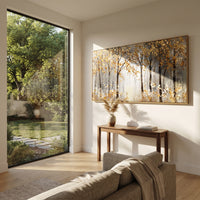 ARTWORK DETAILS Quiet Gold Birch Line Painting is built from the actual artwork image: thin gold birch line fading into pale mist. The composition uses raised texture to separate tree trunks, leaf masses, ground movement, and soft background atmosphere, so the surface reads with real hand-painted depth from different viewing angles. The color direction is yellow, white, gray, chosen to keep the autumn mood warm while still leaving enough pale air and cool contrast for modern interiors. Core