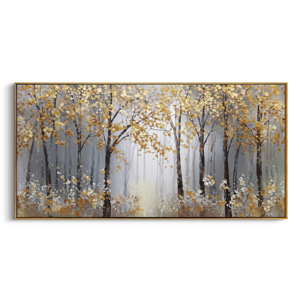 ARTWORK DETAILS Quiet Gold Birch Line Painting is built from the actual artwork image: thin gold birch line fading into pale mist. The composition uses raised texture to separate tree trunks, leaf masses, ground movement, and soft background atmosphere, so the surface reads with real hand-painted depth from different viewing angles. The color direction is yellow, white, gray, chosen to keep the autumn mood warm while still leaving enough pale air and cool contrast for modern interiors. Core