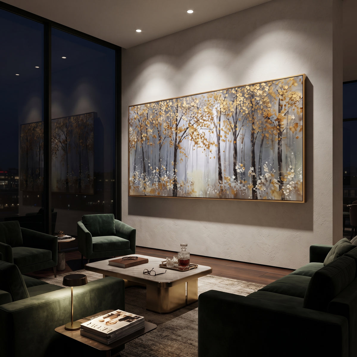 ARTWORK DETAILS Quiet Gold Birch Line Painting is built from the actual artwork image: thin gold birch line fading into pale mist. The composition uses raised texture to separate tree trunks, leaf masses, ground movement, and soft background atmosphere, so the surface reads with real hand-painted depth from different viewing angles. The color direction is yellow, white, gray, chosen to keep the autumn mood warm while still leaving enough pale air and cool contrast for modern interiors. Core