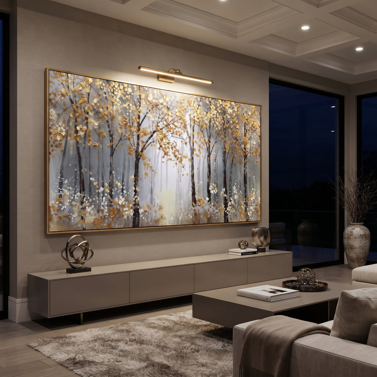 ARTWORK DETAILS Quiet Gold Birch Line Painting is built from the actual artwork image: thin gold birch line fading into pale mist. The composition uses raised texture to separate tree trunks, leaf masses, ground movement, and soft background atmosphere, so the surface reads with real hand-painted depth from different viewing angles. The color direction is yellow, white, gray, chosen to keep the autumn mood warm while still leaving enough pale air and cool contrast for modern interiors. Core