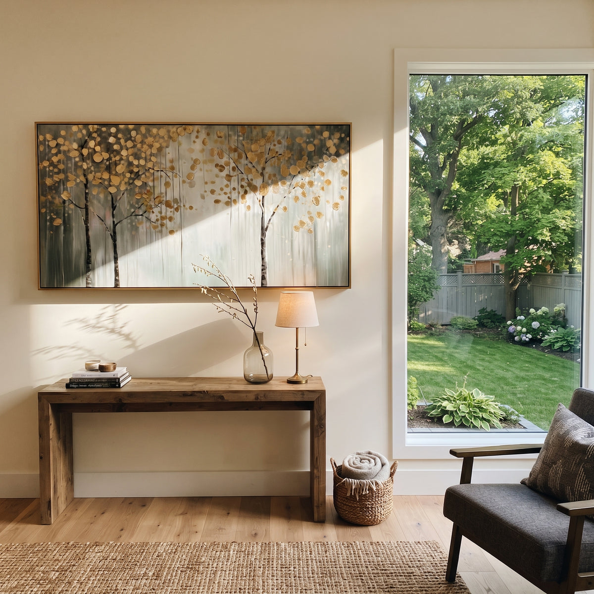 ARTWORK DETAILS Minimal Gold Tree Line Painting is built from the actual artwork image: minimal pale trees with small round gold leaves. The composition uses raised texture to separate tree trunks, leaf masses, ground movement, and soft background atmosphere, so the surface reads with real hand-painted depth from different viewing angles. The color direction is yellow, white, gray, chosen to keep the autumn mood warm while still leaving enough pale air and cool contrast for modern interiors.